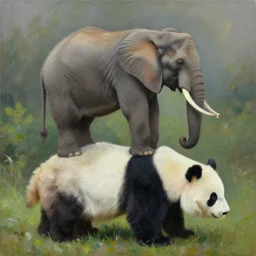an elephant on the back of a panda, oil on canvas