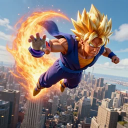 photo realistic super sayan trump flying in the sky and prepare a kamehameha above new york city. high details, intricate, unreal engine 5.