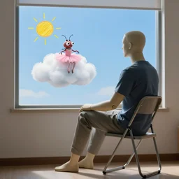 side view of a realistic male mannequin sitting on a folding chair looking out a window at a blue sky, with a hand drawn sun and hand drawn cloud, that has an absurd bug with tiny multiple eyes and wearing a pink ballerina outfit, sitting on the cloud, 8 k rendered, highly detailed, ultra realistic