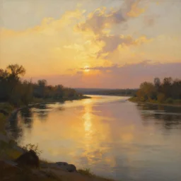 a beautifully ultradetailed painting of the hudson river by west point, early evening, golden hour, artgerm and greg rutkowski, 4 k : 3, : - 1, dof : - 1, blur : - 1, unreal engine, trending on artstation