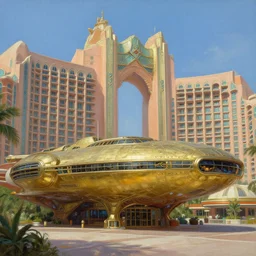 exterior view of the atlantis paradise, a retro futuristic spaceship made of brass, art deco influence. painting by artgerm and greg rutkowski.