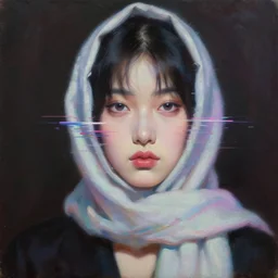 hyperrealism oil painting, portrait fashion model, face is wrapped in a glitched scarf, soft unfocused light, dark background, in style of classicism mixed with 8 0 s japanese sci - fi books art