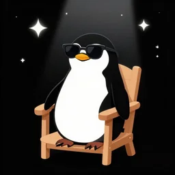 digital art of a black and white penguin sitting in a wood chair with sunglasses on at night! black blackground with some stars and a light coming from above, vector art by tom whalen, trending on polycount, neo - dada, chillwave, global illumination, synthwave