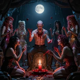 midnight moonlight underground realistic detailed matte painting of wan! bald british man surrounded by tweakers!! addicts!! groupies! performing ritual blood! magic greg rutkowski artstation hdr vivid color vaporwave ( ( ( ( ( ( ( alphonse mucha ) ) ) ) ) ) )