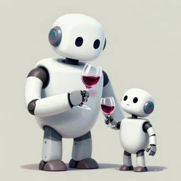 a big and a little robot drinking wine art by petros afshar, victor mosquera, kurzgesagt style. colourful 2 d cartoon, matte background, luminescent. behance contest winner