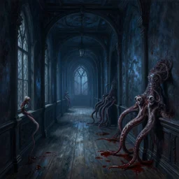 gothic mansion coridor, wooden floor, blood, darkness, evil, creepy, science, 1 9 century, hard atmosphere, lovercraft, insmouth, tentacles, artwork, paint, blue tones, detailed, by bastien lecouffe deharme, by jeremy mann, by alexander fedosav