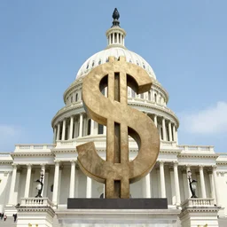 A large dollar sign statue outside of the United States Capitol, 4k, award winning photo