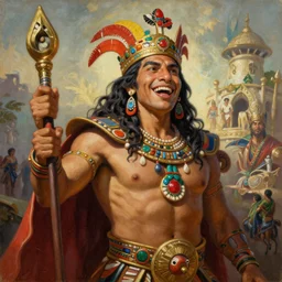 A beautiful oil cartoony painting of a happy indigenous mayan king, by Lucas Graciano, Frank Frazetta, Greg Rutkowski, Boris Vallejo, epic fantasy character art, high fantasy, Exquisite detail, post-processing, low angle, masterpiece,  cinematic