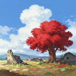 anime, little port village ruins, spring, red tree, sky, beautiful cloud, quiet, anime background, illustration, sharp focus, intricate, smooth, super wide angle, trending on artstation, trending on deviantart
