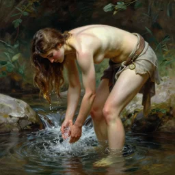 a barbarian woman washing her hair in a stream with her back turned, bending over, full body, by frank franzetta