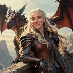 closeup portrait of happy beautiful daenerys targaryen leaning against dragons, long blonde windblown hair and dragonskin armor, standing on a ledge of a mountain, glamour pose, detailed illustration, digital art, trending on artstation, soft ambient lighting, volumetric lighting, rim lighting, yoshitaka amano, alphonse mucha, arney freytag, maxfield parrish,