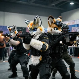 the special forces in tactical gear shooting at a furry convention, epic movie shot, cinematic, volumetric lighting