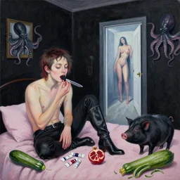 realistic painting of queer artist's bedroom with black walls, emo artist eating blackberries, knife, paint tubes, a liminal doorway to the future, high black boots, pomegranate, a black pig, courgette, black octopus, sensual, surrealist, acrylic and oilstick on canvas