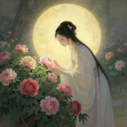 ancient fantasy garden, beautiful woman caring for peonies, spotlight on the woman, fantasy world, ethereal global light, mist, warm global light, coherent composition, detailed fantasy painting, noriyoshi ohrai, yuumei