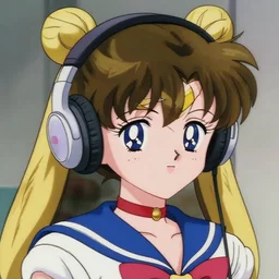 An anime character's head wearing retro headphones. 90s anime, Sailor Moon, Neon Genesis, official art, flat cell shading, fantastic screenshot art, trending on artstation, muted nostalgic colors