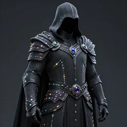 dark chainmail armor cloak dotted with glowing multicoloured gems and iridescent crystals, realistic render artwork, detailed, stealth coating, intricate linework, clear focus, ornate, powerful royal assassin, glimmering magical colors, unreal engine, octane render, trending, galactic, wlop, rutkowski, chebokha, shinkai