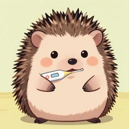sick hedgehog with a thermometer in its mouth anime, cute, adorable