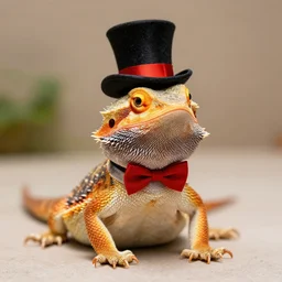 dslr portrait still of a bearded dragon wearing a top hat and bow time, 8 k 8 5 mm f 1. 4