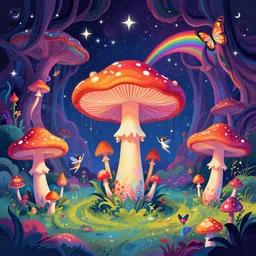 psychedelic mushrooms, enchanted cosmic forest, mushrooms on the ground, small fairies, stars in the sky, butterflies, rainbows, psychedelic, wide angle shot, vector art, optical illusion, heavenly underwater, 4 k, artstation, trending, pretty fantasy poster by helen huang and frank frazetta and salvador dali