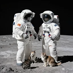 2 astronauts having a vacation in the moon with cats and dogs