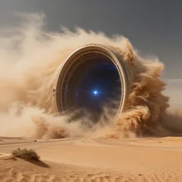 intergalactic stargate portal in the middle of a desert, with a sandstorm raging around it