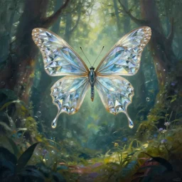 fantasy painting of a butterfly with diamond wings flying over a fairy forest