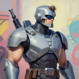 greg manchess portrait painting of james murphy the robocop as overwatch character, aesthetic, medium shot, asymmetrical, profile picture, organic painting, sunny day, matte painting, bold shapes, hard edges, street art, trending on artstation, by huang guangjian and gil elvgren and sachin teng
