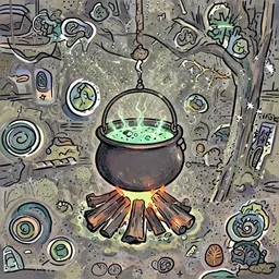 a cauldron filled with a magical green glowing potion hanging above a campfire, night, fantasy, digital art, mysterious