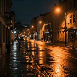 a rainy urban street at night, lit by moody orange streetlights