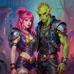 a scifi post apocalyptic orc punk rocker posing with his girlfriend, psychedelic vibrant colors, futuristic punk rock fashion, oil painting by michael whelan art, sharp focus, realistic, highly detailed, 8 k