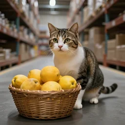 warehouse cat guarding a basket of fruit, photograph, dramatic lighting, 4k
