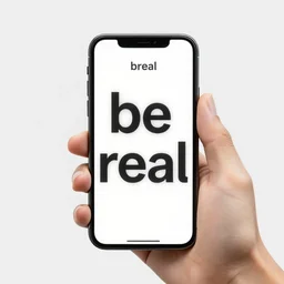 bereal, be real, app, [ the words be real ]. text