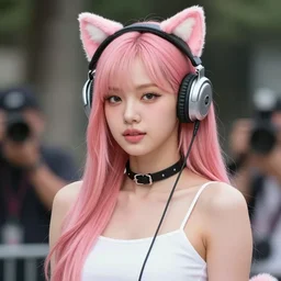 realistic beautiful gorgeous natural cute Blackpink Lalisa Manoban pink hair cute fur pink cat ears, wearing white camisole summer outfit, headphones, black leather choker artwork drawn full HD 4K highest quality in artstyle by professional artists WLOP, Aztodio, Taejune Kim, Guweiz on Pixiv Artstation