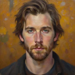 stunning serene portrait of Zachary Levi by Mark Arian, oil on canvas, masterpiece, realism, piercing gaze, autumn bokeh