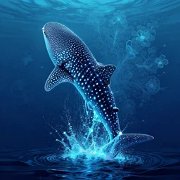 A bioluminescent whale shark jumping out of the ocean by beeple, lovecraft, coherent, symmetrical, intricate, high detail, digital painting, octane render, 4k, trending on artstation