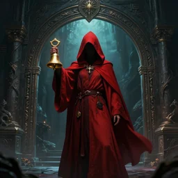 red hooded mage, holding a golden bell, standing in front of an arcane gate to another realm, mindblowing, concept art, matte, illustration, ominous, magical, dnd, 4 k uhd, very detailed