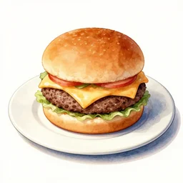 cheeseburguer, illustration, watercolor, dolly zoom, delicious, on a plate, perfect shaped