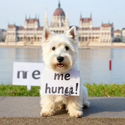 a westie holding a sign that says me hungary!