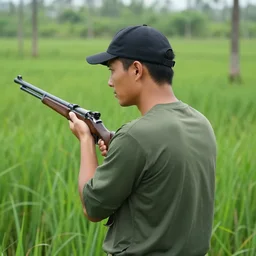 a man with a baseball hat and a rifle in a lush green swamp field, sneaking, japanese illustrator, 1 9 8 0 s, matte colors, stephen king, post apocalyptic film concept