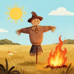 a scarecrow is in flames. the sun has a face and is laughing. a field. folk horror