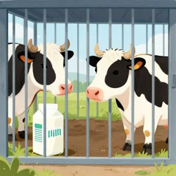 illustration of a cow inside a cage watching a milk box