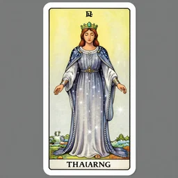 a full body tarot card of the ancient empress of dreams, detailed symmetrical face, long and beautiful floor length starlight dress with braided silver hem, jade tiara and necklace, space, universe, portrait, highly detailed, deep focus, elegant, digital painting, smooth, sharp focus, illustration, ultra realistic, 8 k, art by artgerm and alphonse mucha