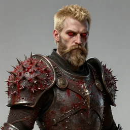 a highly detailed 4 k fantasy matte painting of a man wearing thorn covered armor with short blonde hair mustache beard, and blood red eyes, pale skin. portrait, zdzislaw beksinski, artstation, cgsociety, unreal engine