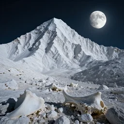 uhd, filmic lighting, cinematic art shot, hyperrealistic, hyperdetailed, super detailed, 8 k, high resolution, moon landscape, white rocks made of bone, 8 k uhd matte painting, mega high white mountain, midnight