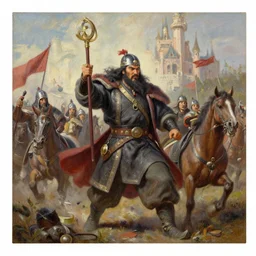 genghis khan and his mongol horde ransacking disneyland, oil on canvas