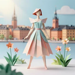 city made out of newpaper, beautiful anthropomorphic paper woman wearing a extravagent pastel origami dress and standing like a high fashion model, origami flowers, origami plants, stockholm city background, heavenly light, 3 d, very detailed, octane render, trending artstation, artgem