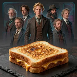 a portrait of a toasted cheese sandwich fantasy character portrait, ultra realistic, cinematic, concept art, wide angle, intricate details, hologram, highly detailed by greg rutkowski, aaron horkey, gaston bussiere, craig mullins, simon bisley, arthur rackham