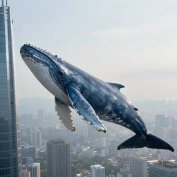 a huge bluewhale is floating in mid air near a skyscraper, epic, cinematic shot, soft light, soft colore, artstation, atmosphere, high definition