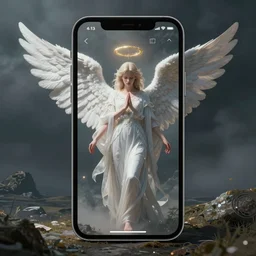 GUI for a program that shows you your guardian angel, futuristic, app design by Tadanori Yokoo