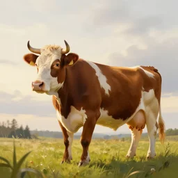 cow, volumetric lighting, spring early, nice slight overcast weather, realistic illustration, perfectly shaded, ( golden hour ), soft painting, low angle, art by sven nordqvist